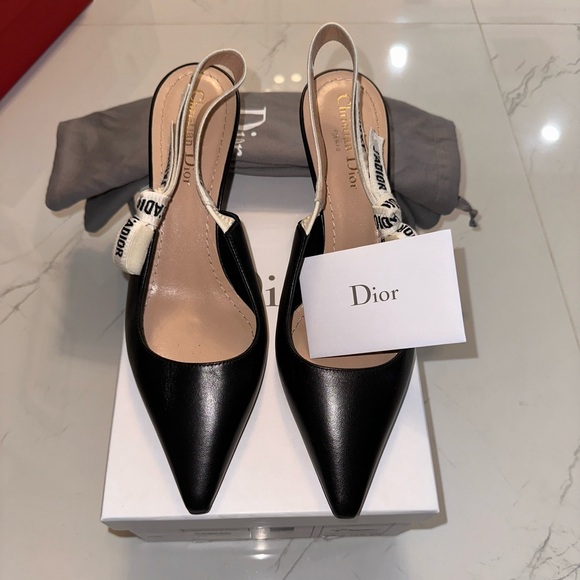 Dior Black J'adior Lambskin Leather Ribbon Slingback Pumps - Picture 2 of 8